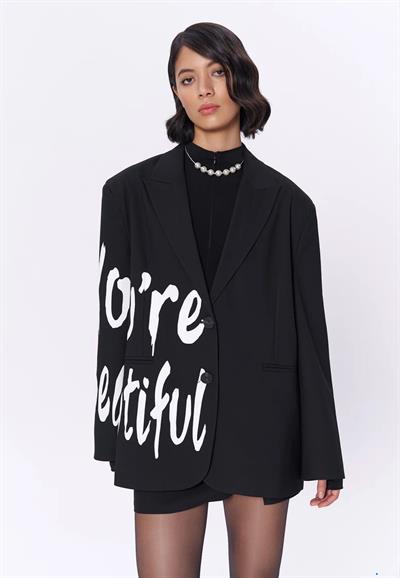 Oversize Baskı Detaylı Blazer Ceket Siyah