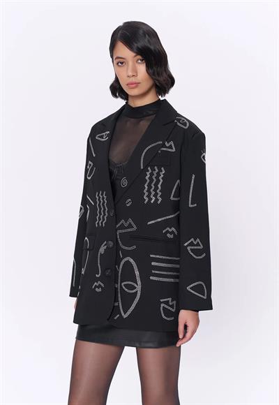 Taşlı Desen Kruvaze Yaka Oversize Blazer Ceket Siyah