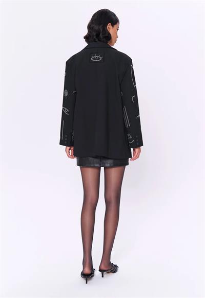 Taşlı Desen Kruvaze Yaka Oversize Blazer Ceket Siyah