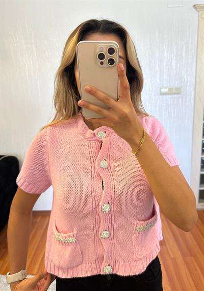 Taşlı Dügme Detay Kısa Hırka Pembe