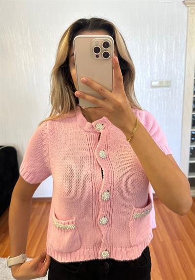 Taşlı Dügme Detay Kısa Hırka Pembe