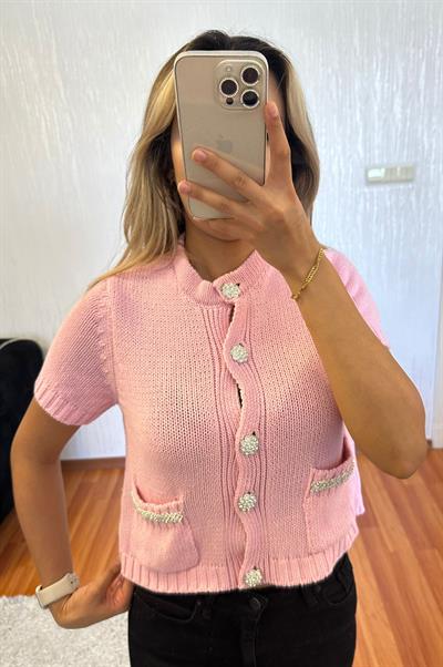 Taşlı Dügme Detay Kısa Hırka Pembe