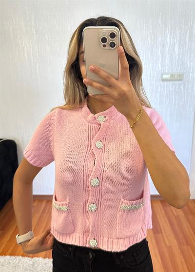 Taşlı Dügme Detay Kısa Hırka Pembe