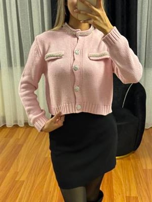 Taşlı Dügme Detay Uzun Kol Hırka Pembe