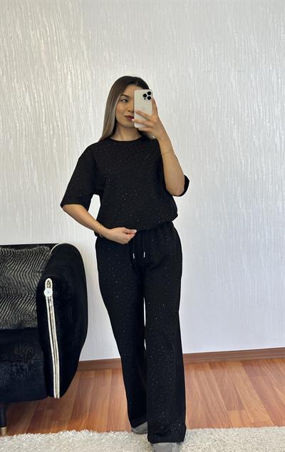 Taşlı Kısa Kol Takım Siyah