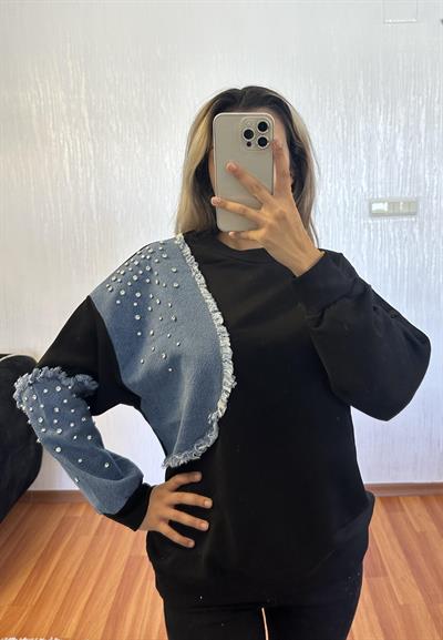 Yanı Kotlu Serpe Taşlı Siyah Sweatshirt