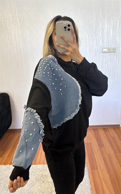 Yanı Kotlu Serpe Taşlı Siyah Sweatshirt