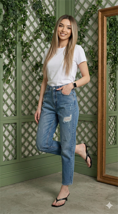 Yırtık Detaylı Denim Pantolon Mavi