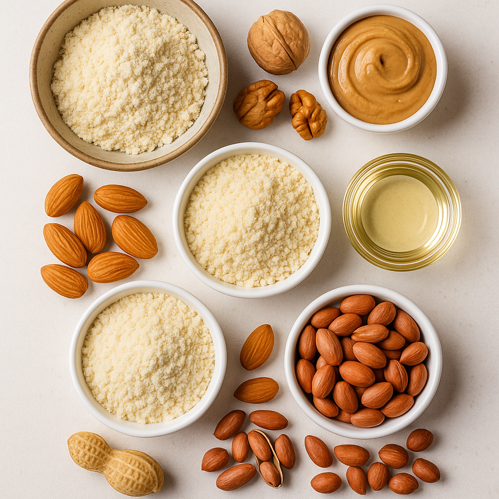 Glutensiz, ketojenik ve vegan dostu badem unu, fındık unu, hindistan cevizi unu, yer fıstığı ezmesi ve hindistan cevizi yağı ile sağlıklı tariflerin doğal malzemeleri