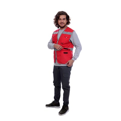 Formteks İşçi Çok Cepli Reflektörlü  Alet Yeleği Kırmızı / Gri