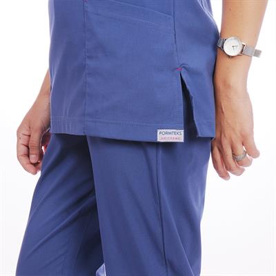 Formteks Kadın SPA  Hemşire Scrubs  Takım   Likralı Terry Cotton İndigo-Fuşya Biyeli
