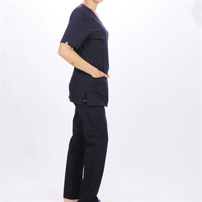 Formteks Kadın SPA  Hemşire Scrubs  Takım  Likralı Terry Cotton Lacivert-Bordo Biyeli