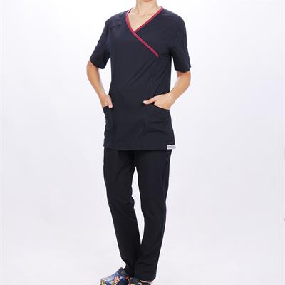 Formteks Kadın SPA  Hemşire Scrubs  Takım  Likralı Terry Cotton Lacivert-Bordo Biyeli