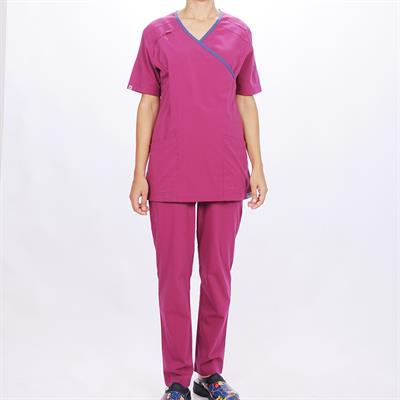 Formteks Kadın SPA  Hemşire Scrubs  Takım Likralı Terry Cotton Fuşya-İndigo Biyeli