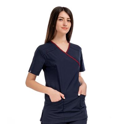 Formteks Kadın SPA  Hemşire Scrubs  Takım  Likralı Terry Cotton Lacivert-Bordo Biyeli