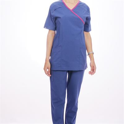 Formteks Kadın SPA  Hemşire Scrubs  Takım   Likralı Terry Cotton İndigo-Fuşya Biyeli