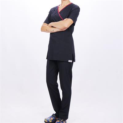 Formteks Kadın SPA  Hemşire Scrubs  Takım  Likralı Terry Cotton Lacivert-Bordo Biyeli