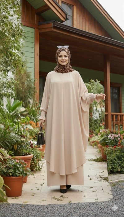 ASALET Kadın Tesettür İkili Takım Yarasa Kol, Oversize Tunik, Bol Paça Pantolon Krem