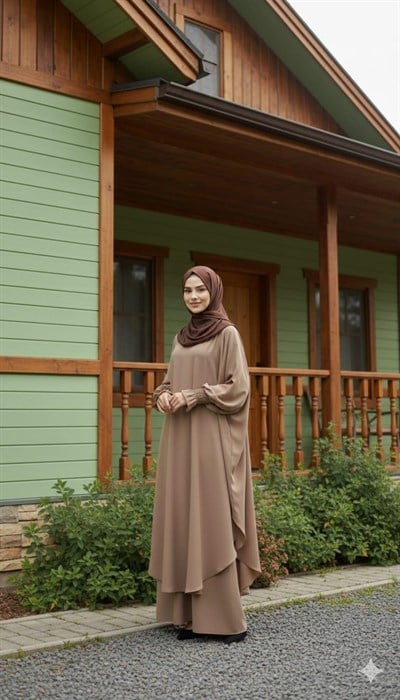 ASALET Kadın Tesettür İkili Takım Yarasa Kol, Oversize Tunik, Bol Paça Pantolon Bej