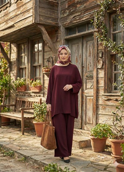 KALENA Kadın Tesettür İkili Takım Krep Kumaş, Dökümlü Tunik, Bol Paça Pantolon Bordo