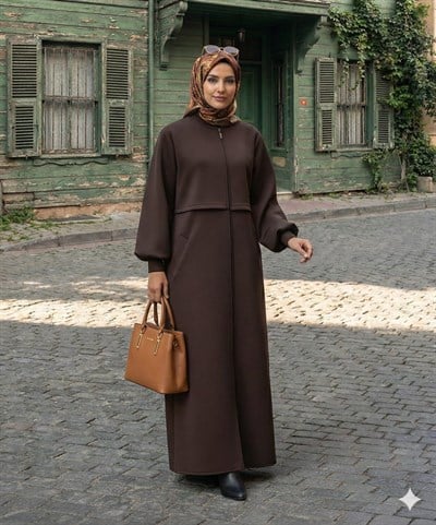 URBAN MODEST Fermuarlı Ribana Detaylı Kaban Kahverengi