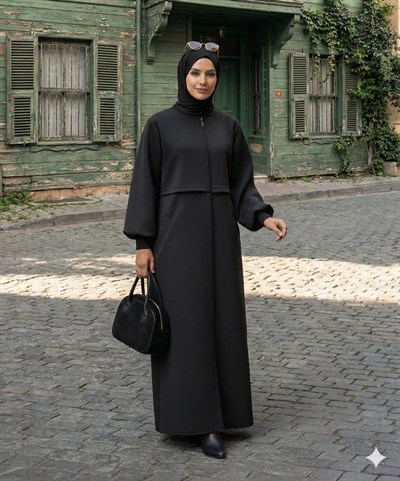 URBAN MODEST Fermuarlı Ribana Detaylı Kaban Siyah