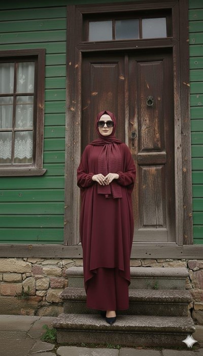 Zehra Salaş Kesim Tesettür Takım Bordo