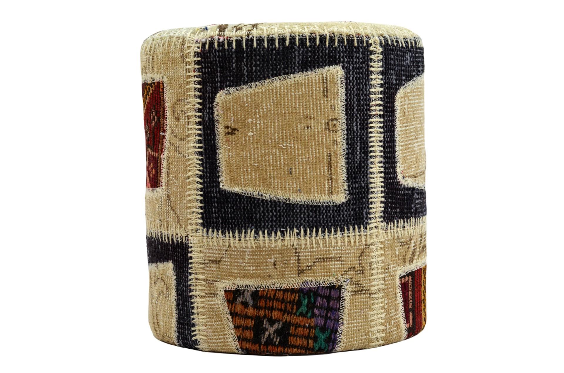 Madalyon Patchwork Puf Bej Karışık Silindir