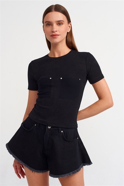 Kadın Cep Detaylı T-shirt-Siyah
