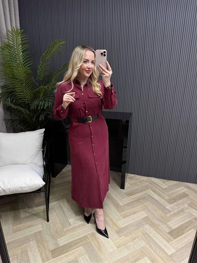 Açelya Kemerli Tasarım Gömlek Elbise Bordo