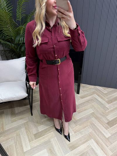 Açelya Kemerli Tasarım Gömlek Elbise Bordo
