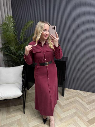 Açelya Kemerli Tasarım Gömlek Elbise Bordo