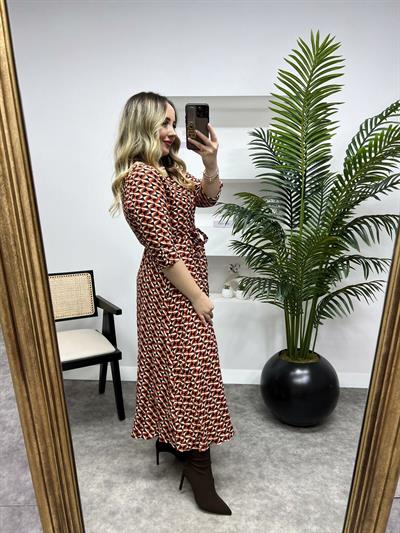 Acı Kahve  Desenli Önden Düğmeli Gömlek Elbise