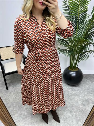 Acı Kahve  Desenli Önden Düğmeli Gömlek Elbise