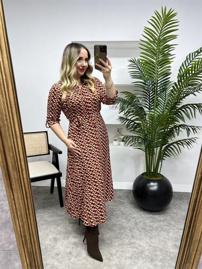 Acı Kahve  Desenli Önden Düğmeli Gömlek Elbise