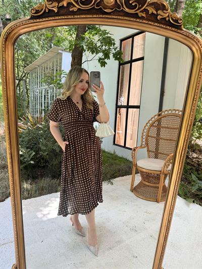 Acı Kahve Puantiyeli Saten Elbise