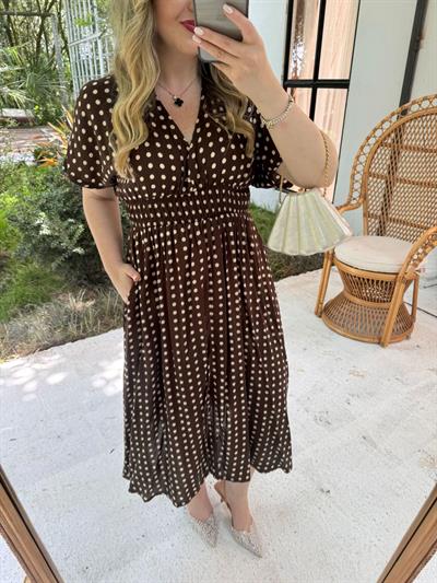 Acı Kahve Puantiyeli Saten Elbise