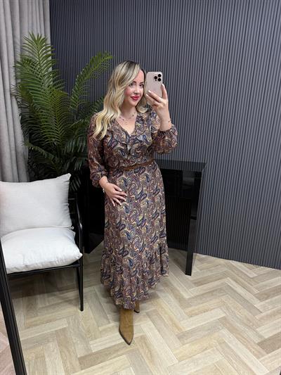 Ahel Etnik Desenli Kemerli Tasarım Şifon Elbise