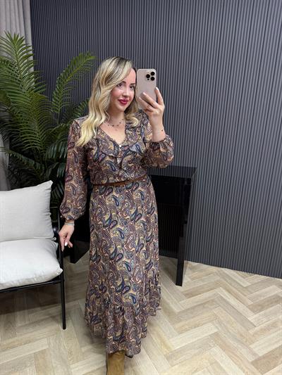 Ahel Etnik Desenli Kemerli Tasarım Şifon Elbise