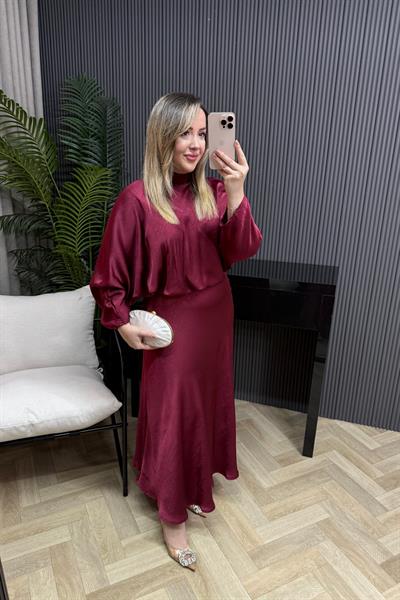 Ahissa Boyundan Bağlamalı Tasarım Saten Elbise Bordo