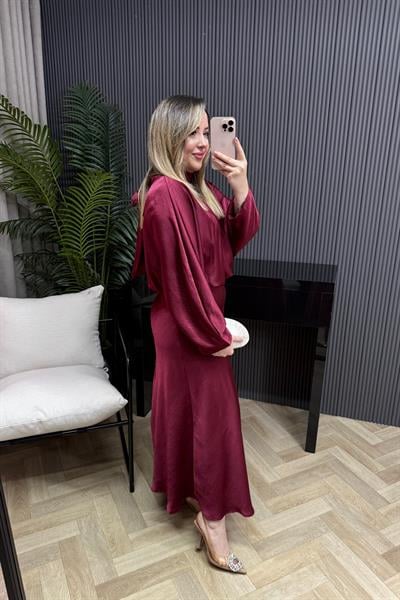 Ahissa Boyundan Bağlamalı Tasarım Saten Elbise Bordo