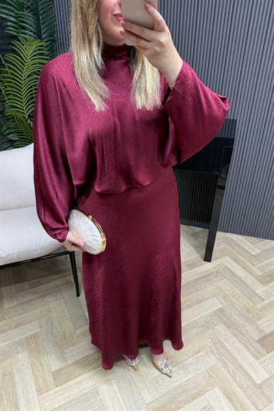 Ahissa Boyundan Bağlamalı Tasarım Saten Elbise Bordo