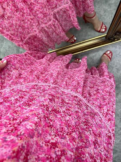 Ala Pembe Çiçekli Orj Marka Şifon Elbise