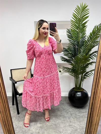 Ala Pembe Çiçekli Orj Marka Şifon Elbise