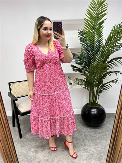 Ala Pembe Çiçekli Orj Marka Şifon Elbise