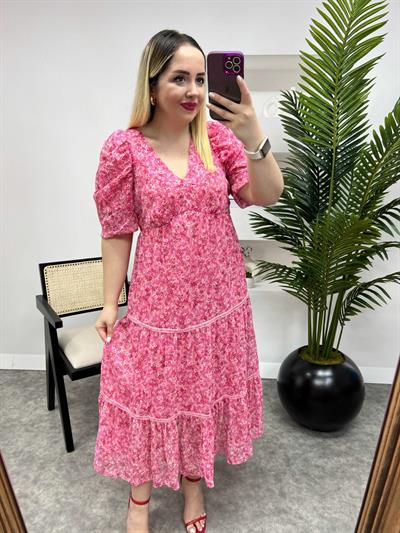 Ala Pembe Çiçekli Orj Marka Şifon Elbise