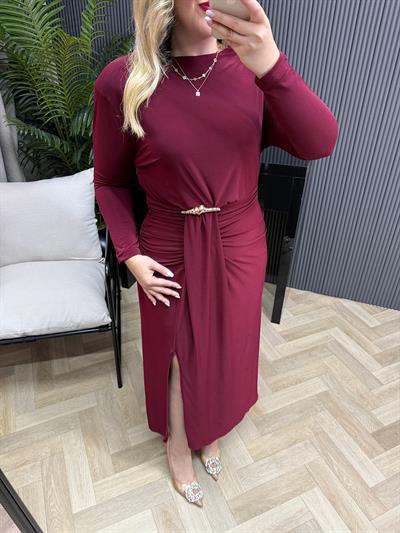 Almira Gold Detaylı Vatkalı Elbise Bordo