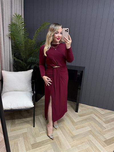 Almira Gold Detaylı Vatkalı Elbise Bordo