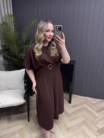 Alya Gümüş Tokalı Tasarım Elbise Acı Kahve