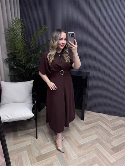 Alya Gümüş Tokalı Tasarım Elbise Acı Kahve